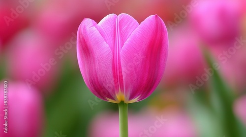   Pink tulip close-up on pink field with blurred backdrop