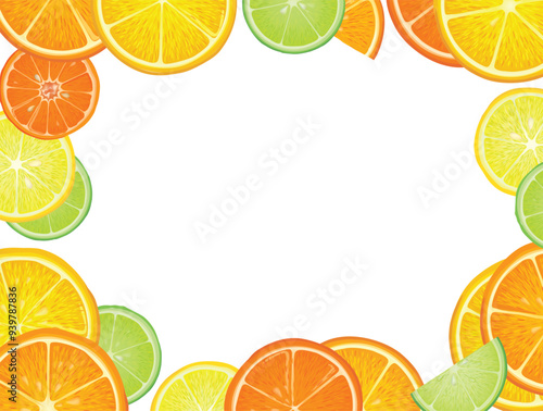 Fruits citrus background. Fresh slice orange, lemon, lime, grapefruit, mandarin peices over white background with leaves. Vector colorful dessert food.