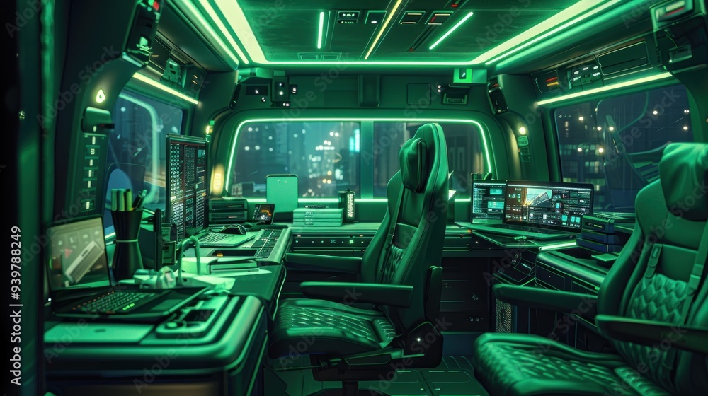 Fototapeta premium A futuristic van interior with modular workspace, touch-sensitive control panels, and panoramic windows, highlighted by soft green lighting.
