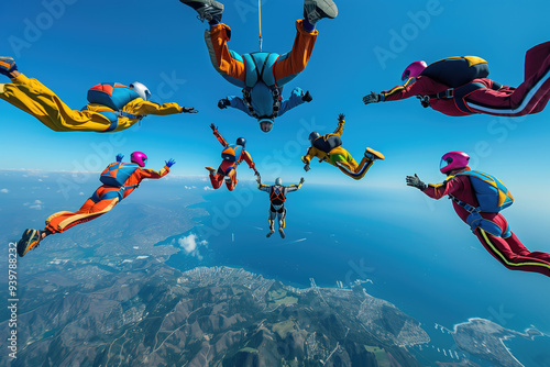 Eight people in colorful jumpsuits experiencing freefall during group skydive over stunning coastal landscape with clear blue sky and breathtaking ocean view focusing on surroundings