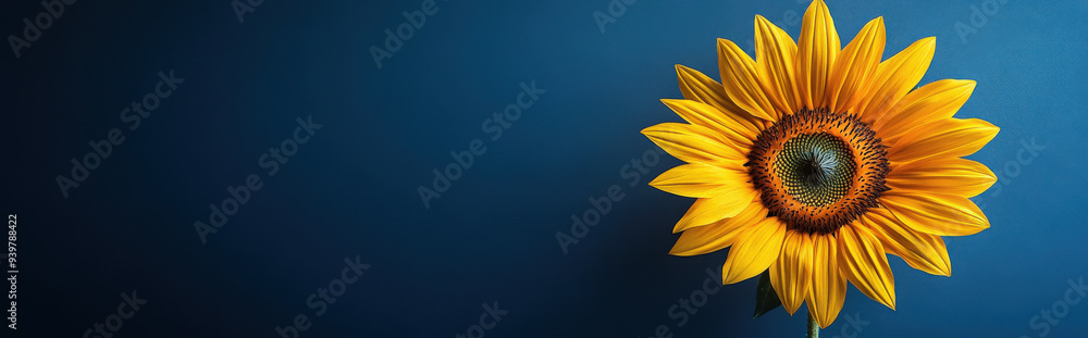Fototapeta premium golden sunflower against a deep midnight blue background, with a minimalist design and ample space for copy
