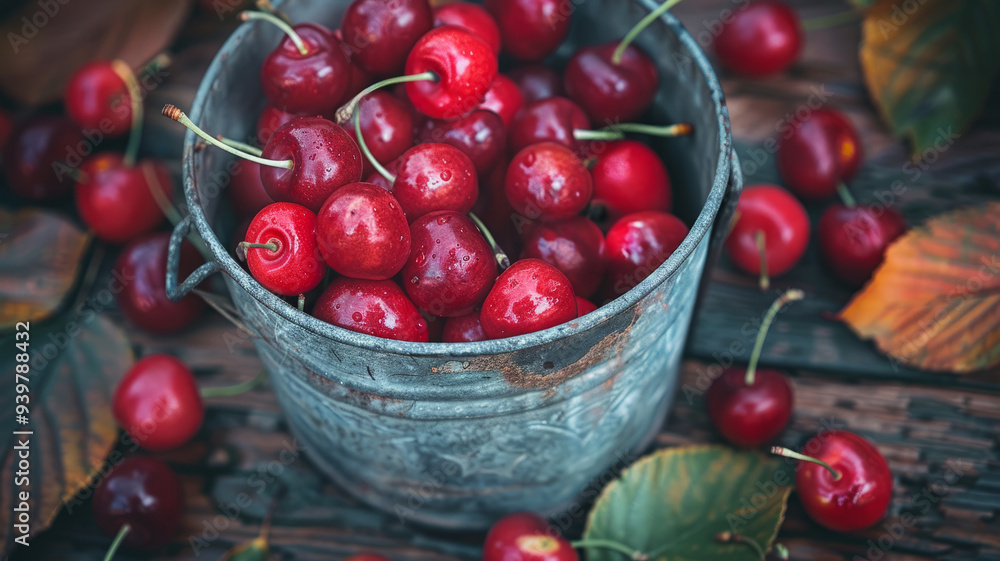 Fresh red cherries in a rustic metal bucket Fresh red cherries in a rustic metal bucket