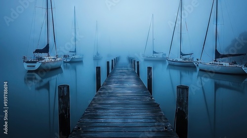   A boatyard surrounded by a body of water on a foggy day, docked with multiple sailboats