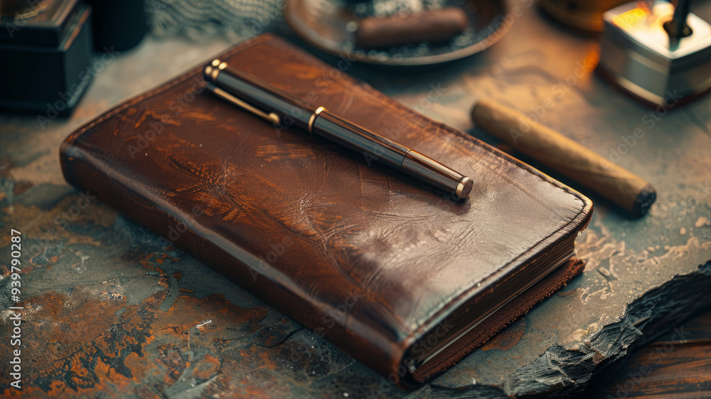 Leather-bound notebook with pen and cigar on rustic desk Leather-bound notebook with pen and cigar on rustic desk