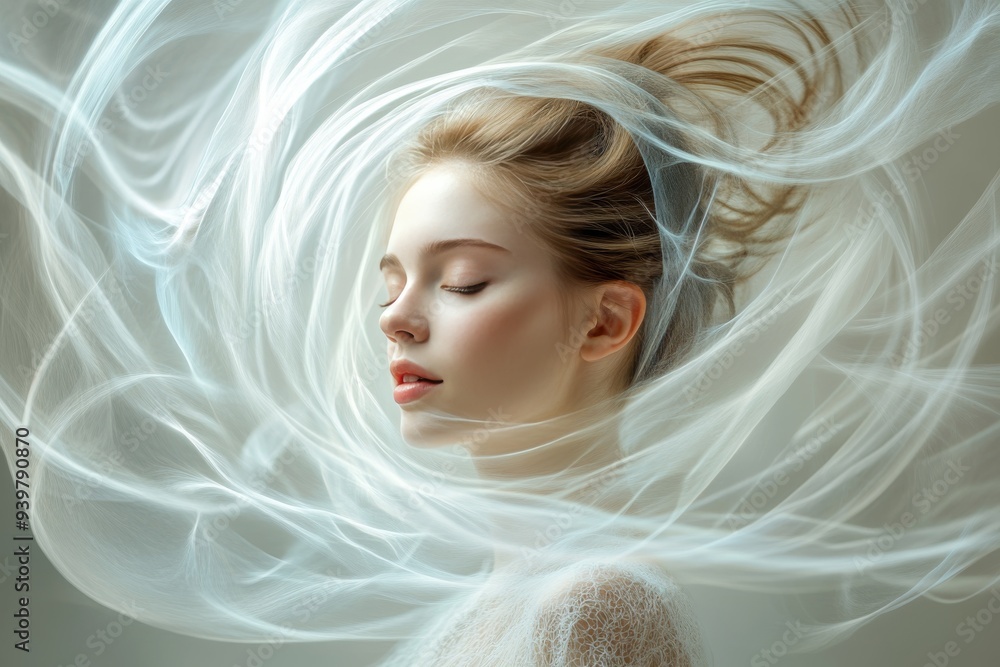 Portrait of a young woman with a serene expression symbolizing inner peace and the calm clarity of thought in a soft flowing environment Portrait of a young woman with a serene expression symbolizing inner peace and the calm clarity of thought in a soft flowing environment
