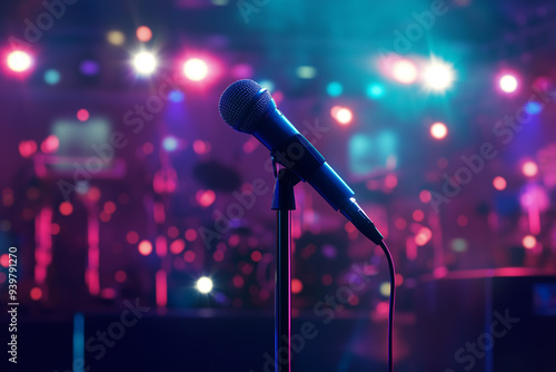 Microphone stands on stand on concert stage, colorful fanfares in background