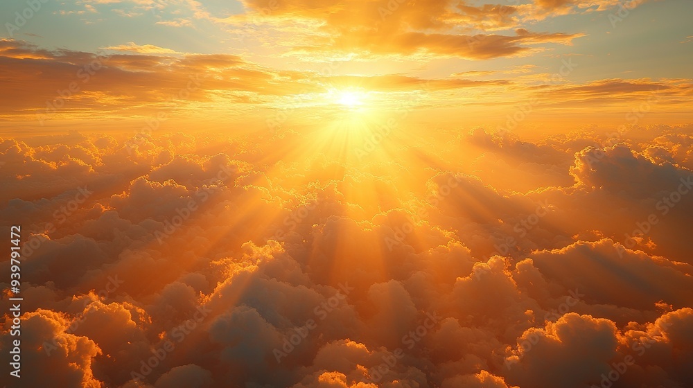 The sun brightly shines through the clouds from a plane high above The sun brightly shines through the clouds from a plane high above