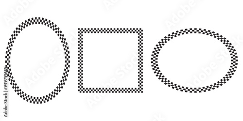 Set of geometric frames with checkered print isolated on white background. Oval and square forms with black and white checkerboard, rally flag or chess game plane pattern. Vector graphic illistration