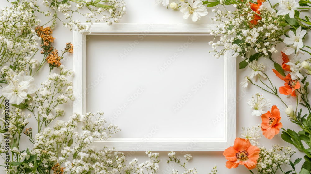 Flower arrangement in a white frame. Simple spring concept. Natural background. Flower arrangement in a white frame. Simple spring concept. Natural background.