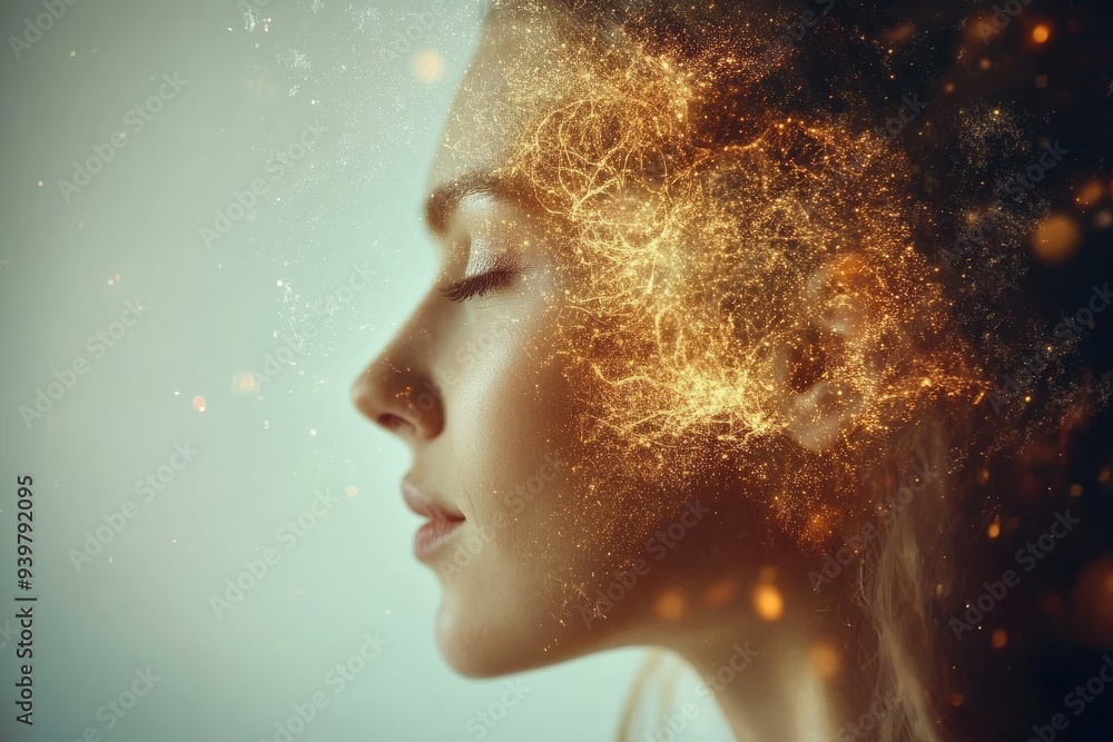 Profile of a woman with a glowing brain pattern symbolizing the connection between intellect and nature in a serene conceptual environment Profile of a woman with a glowing brain pattern symbolizing the connection between intellect and nature in a serene conceptual environment