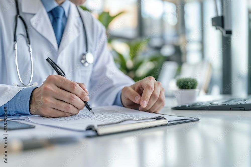 Médico concentrado, escrevendo receita médica em seu consultório Médico concentrado, escrevendo receita médica em seu consultório