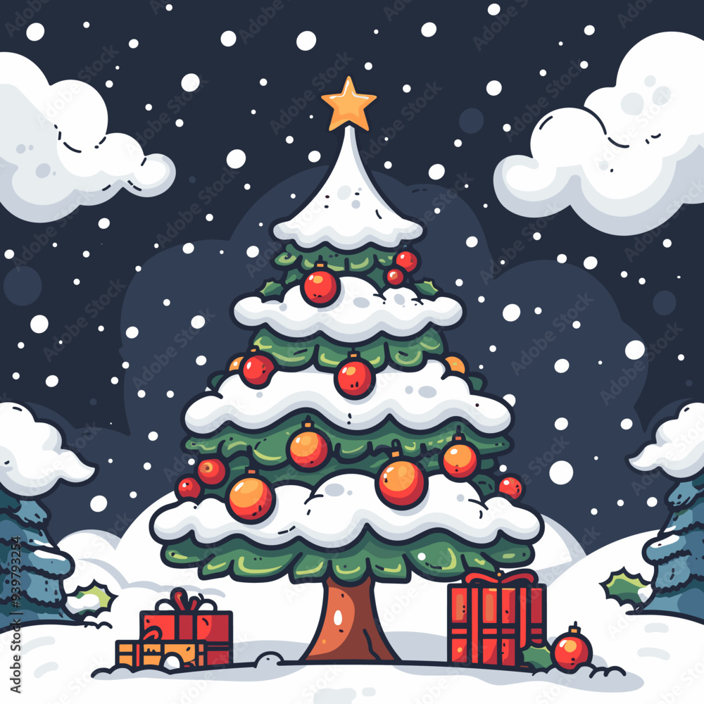 Christmas tree with gifts and snow. Vector illustration in cartoon style Christmas tree with gifts and snow. Vector illustration in cartoon style