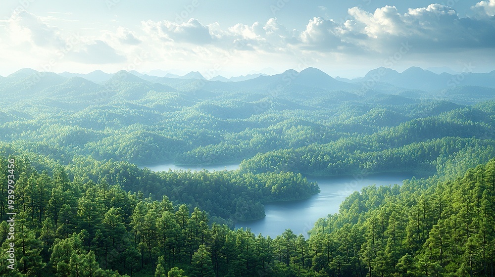 A stunning panorama of towering mountains framed by a serene lake and lush foliage beyond A stunning panorama of towering mountains framed by a serene lake and lush foliage beyond