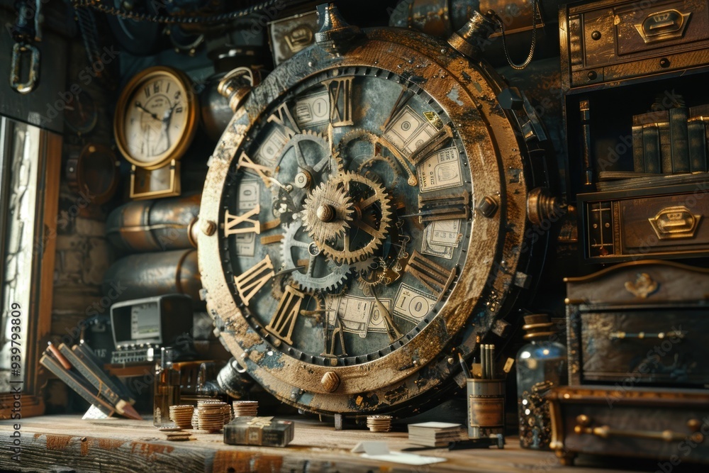 Obraz premium A clock with gears made of coins and hands made of banknotes in a vintage study, symbolizing financial time management and reflection.