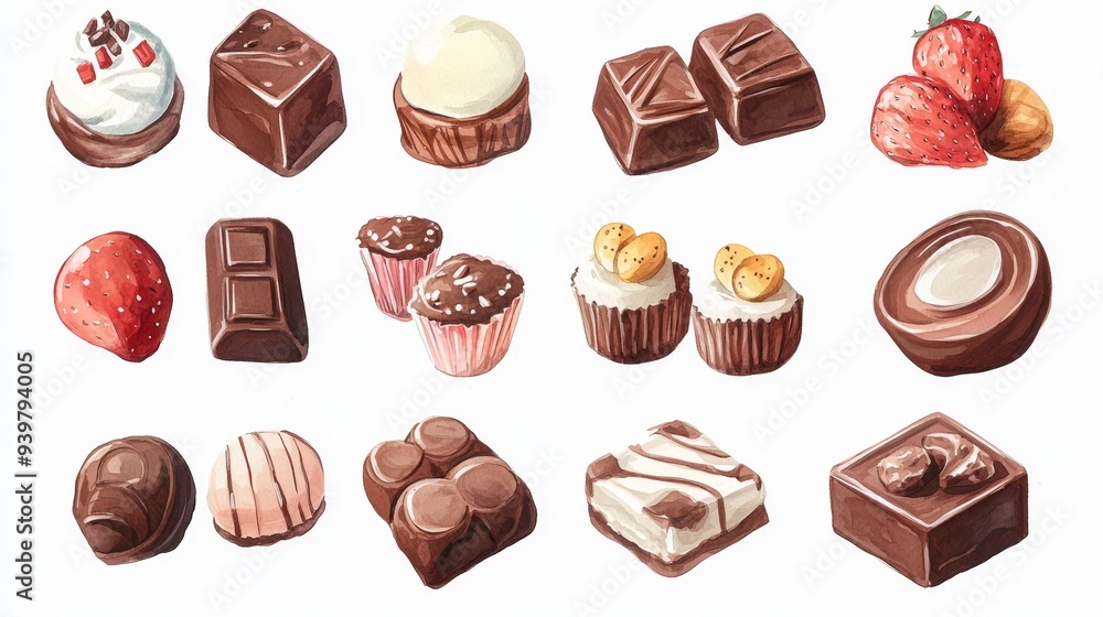 Chocolate collection. White background. Watercolor illustrations set Chocolate collection. White background. Watercolor illustrations set