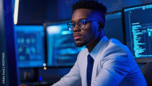 dark-skinned white collar worker sitting at a screen, lots of screens with data around him