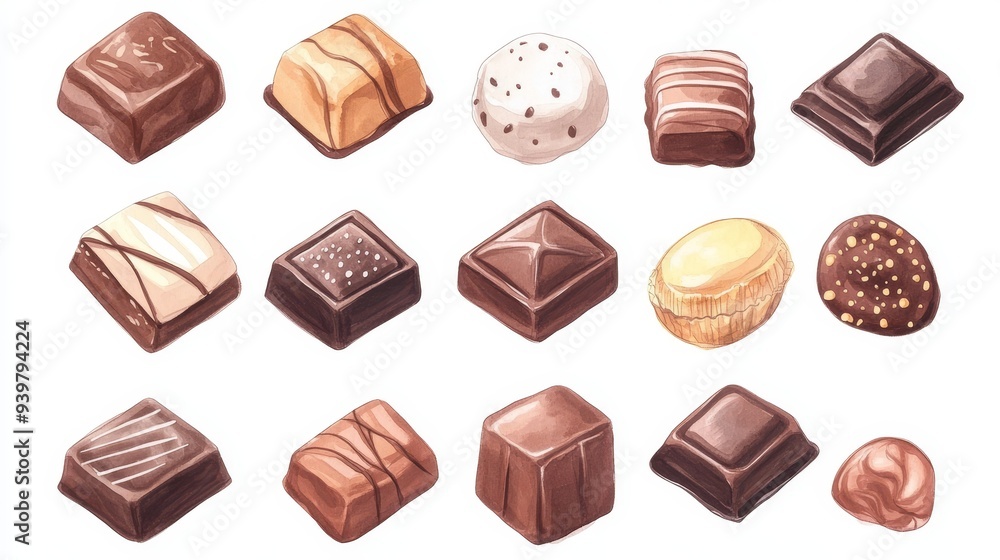 Chocolate collection. White background. Watercolor illustrations set Chocolate collection. White background. Watercolor illustrations set