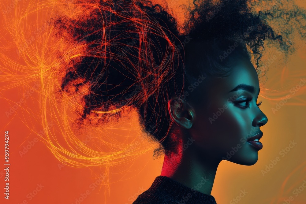 Profile of a woman with glowing neural elements symbolizing the dynamic fusion of thought and creativity in a bright vibrant environment Profile of a woman with glowing neural elements symbolizing the dynamic fusion of thought and creativity in a bright vibrant environment