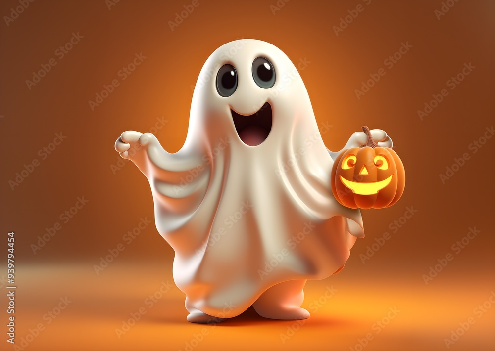 Happy Ghost Holding a Glowing Jack-o'-Lantern in a Warm Orange Glow. Charming and Playful Halloween Illustration, Perfect for Holiday Decor and Seasonal Celebrations. Festive banner, postcard. Happy Ghost Holding a Glowing Jack-o'-Lantern in a Warm Orange Glow. Charming and Playful Halloween Illustration, Perfect for Holiday Decor and Seasonal Celebrations. Festive banner, postcard.