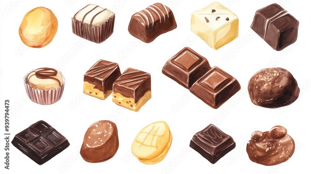 Chocolate collection. White background. Watercolor illustrations set Chocolate collection. White background. Watercolor illustrations set