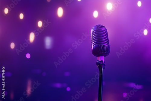 Microphone stands on stand on concert stage, purple fanfare in background