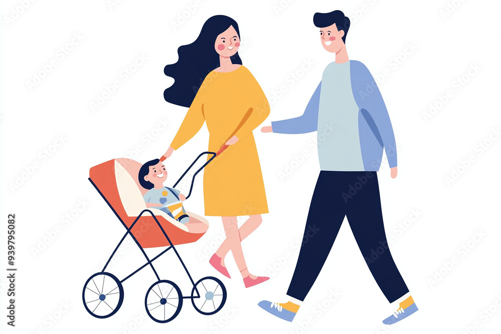 colorful illustration of a family of three with a baby in a stroller, isolated on white background colorful illustration of a family of three with a baby in a stroller, isolated on white background