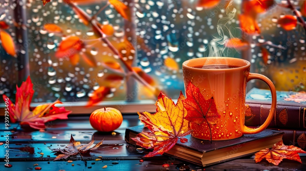 A mug with an autumn leaf A mug with an autumn leaf