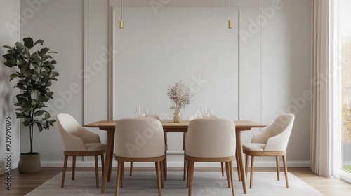 Modern dining room with a neutral color scheme, complemented by warm-toned wood and subtle gold accents, interior design, warm colors, elegance