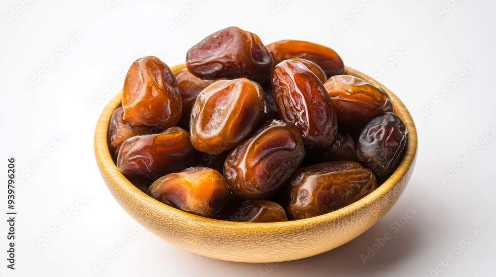 Sweet, dried dates are a popular fruit during Ramadan. They're often served in a wooden bowl on a white background. Sweet, dried dates are a popular fruit during Ramadan. They're often served in a wooden bowl on a white background.