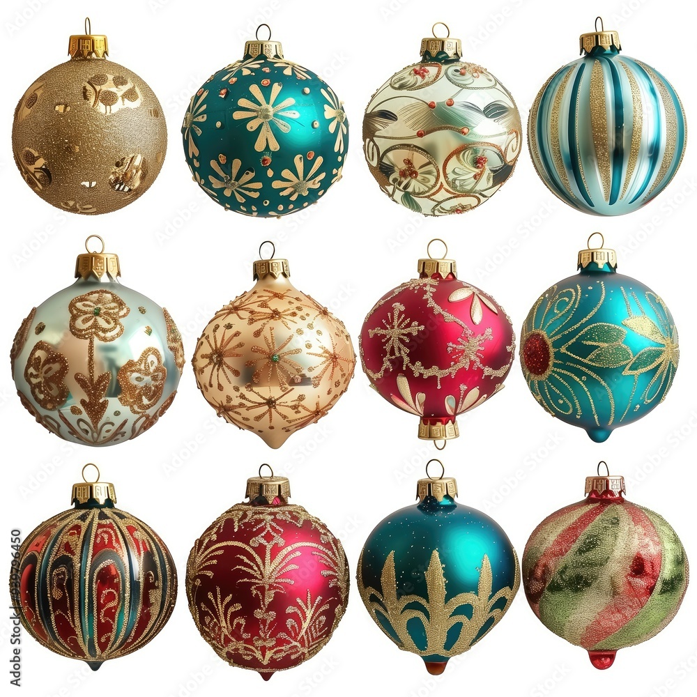 Christmas Bauble Ornament Set, Holiday Decor Collection Design, Arts and Crafts Colorful Isolated Xmas Bulbs, Winter Business Marketing Decoration Customizable Festive Object on White Background Christmas Bauble Ornament Set, Holiday Decor Collection Design, Arts and Crafts Colorful Isolated Xmas Bulbs, Winter Business Marketing Decoration Customizable Festive Object on White Background