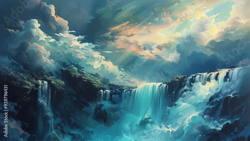 Deep Waterfall Stormy Sky Oil on Canvas Illustration Majestic Powerful Water Cascade Turbulent Clouds Dramatic Background Nature Landscape Energy Dynamic Atmosphere