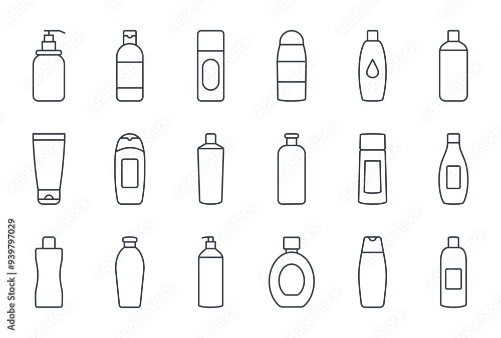 Vector icons of shampoo bottle. Care cosmetics, conditioner for beauty and health of hair. Plastic organic packaging sustainable. Liquid soap balm, moisturizing masks. Editable stroke thin line set. Vector icons of shampoo bottle. Care cosmetics, conditioner for beauty and health of hair. Plastic organic packaging sustainable. Liquid soap balm, moisturizing masks. Editable stroke thin line set.