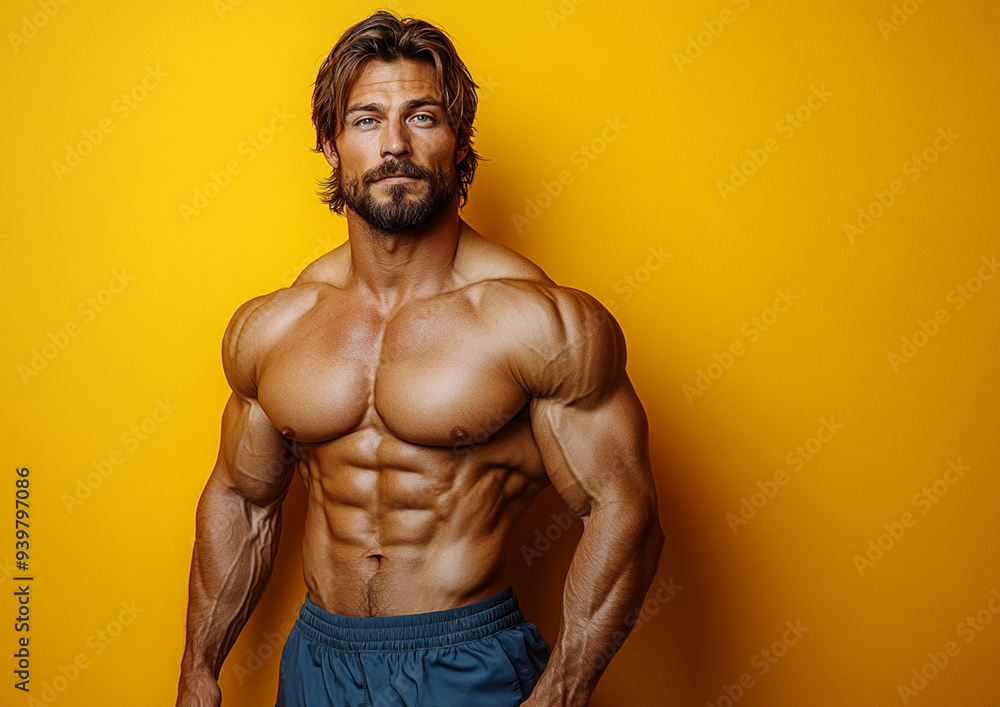 Fototapeta premium bodybuilder man on solid color background. gym or health concept. Space for text