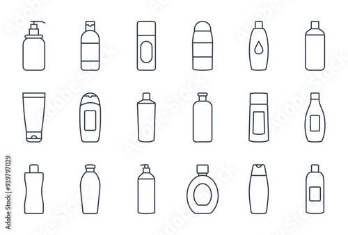 Vector icons of shampoo bottle. Care cosmetics, conditioner for beauty and health of hair. Plastic organic packaging sustainable. Liquid soap balm, moisturizing masks. Editable stroke thin line set.