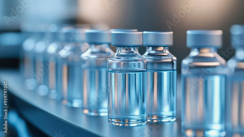 illustration of medical vaccine bottles with transparent liquid in a row