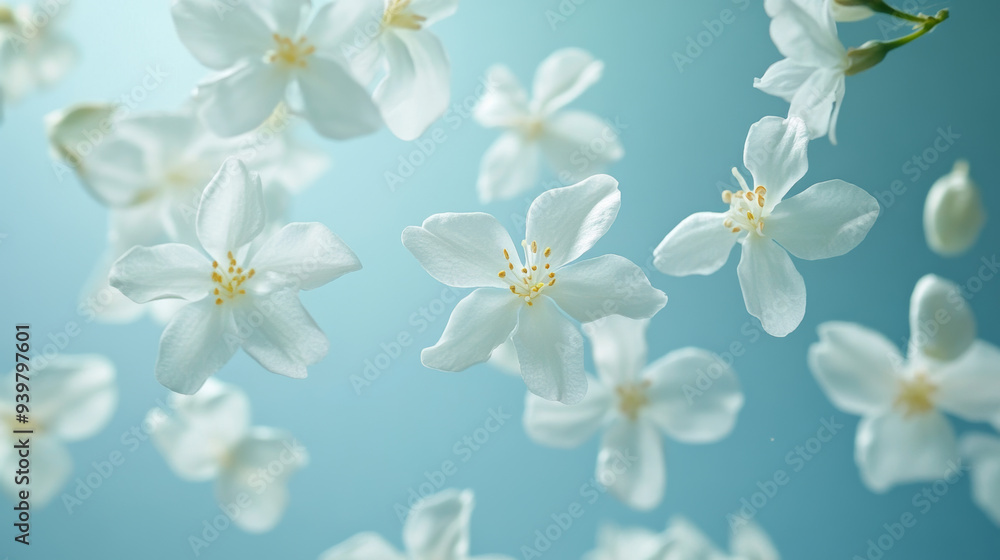 White jasmine blossoms floating in the air, creating a mesmerizing display. White jasmine blossoms floating in the air, creating a mesmerizing display.