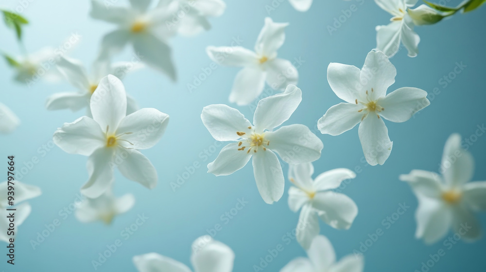 White jasmine blossoms floating in the air, creating a mesmerizing display. White jasmine blossoms floating in the air, creating a mesmerizing display.