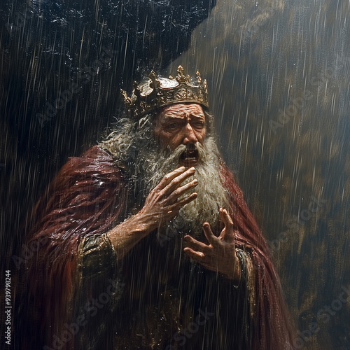 An intense portrayal of King Lear, drenched in rain, screaming at the stormy sky, capturing the depth of his madness and despair from Shakespeare’s tragedy. photo