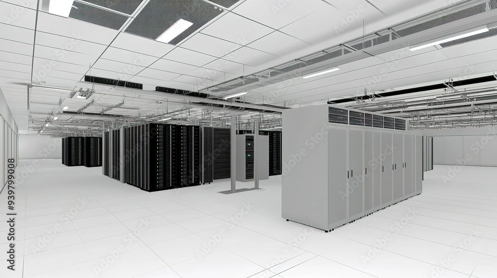 Modern data center showcasing rows of server racks and storage cabinets ...
