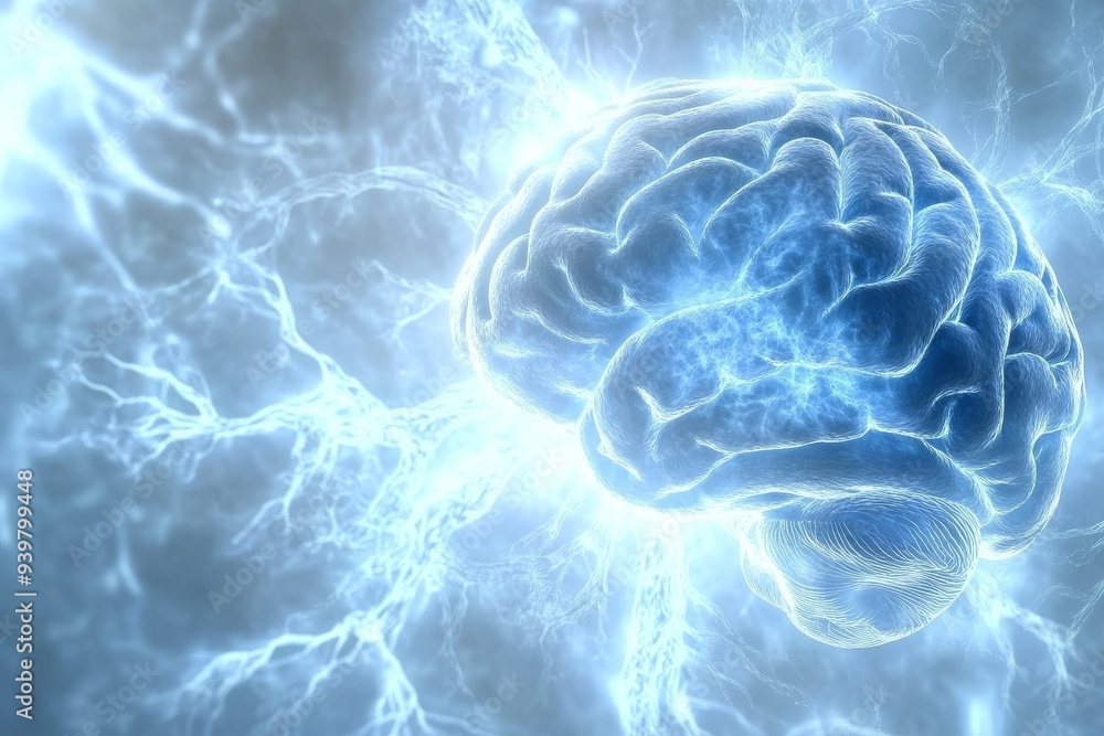 Close up of a glowing neural brain symbolizing the power and complexity of thought in a bright conceptual environment Close up of a glowing neural brain symbolizing the power and complexity of thought in a bright conceptual environment