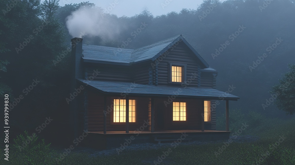 Cozy log cabin illuminated warmly at dusk, surrounded by misty woods near a quiet mountain Cozy log cabin illuminated warmly at dusk, surrounded by misty woods near a quiet mountain