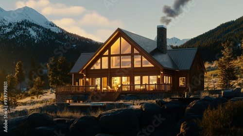 Cozy mountain cabin with large windows overlooking scenic mountain range during sunset photo