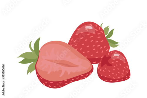 Sweet organic whole and sliced strawberries summer fruit harvest isolated on white background
