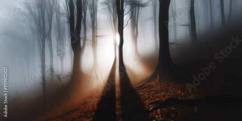 White, blue and brown foggy misty forest in the dark. Autumn forests, many tall trees in the half light. A bright light shines from behind the trees.