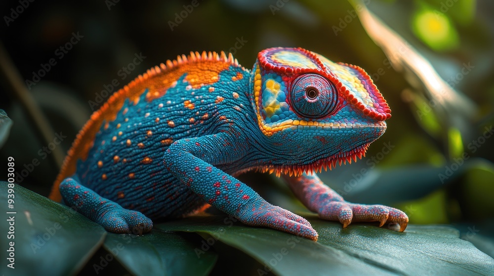 Fototapeta premium Vibrant Chameleon on Green Leaf