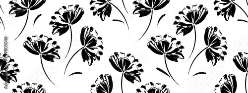Hand drawn seamless collage of modern floral background. Botanical pattern of abstract flowers and leaves of black silhouettes and strokes. Print for wallpaper, summer fabric, bed linen, textiles