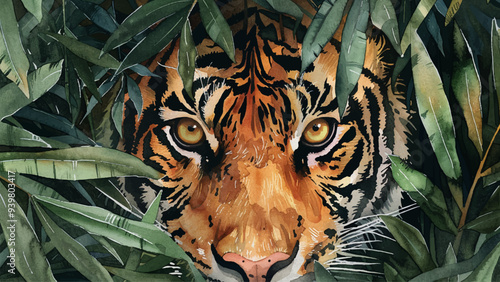 Face of a Tiger Hiding in a Thicket Watercolor Background Illustration Jungle Cat Tiger Face Camouflage Thicket Wild Animal Nature Stealthy Predator Hidden in Foliage Painting