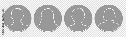 Male and female portraits, silhouettes, avatars or profiles of unknown anonymous people. Man, woman, people. White outline, gray silhouette. All objects are isolated on a transparent background