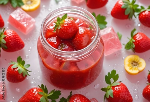 Close-up of the strawberries in the pink strawberry jam, ice cubes and green leaves scattered on top. The color is bright red and very attractive, and you can see all kinds of fresh fruits inside the 