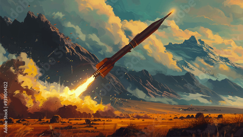 Firing Rockets in the Middle of a Field Oil on Canvas Illustration Military Warfare Explosions in a Field Missile Launch Smoke Trails Open Landscape Combat Scene Grasslands Rocket